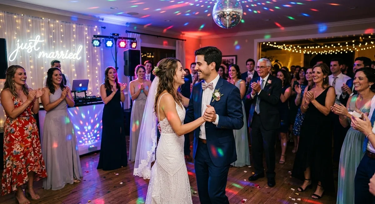 Novios bailando su primer baile con invitados aplaudiendo y luces de colores en una boda