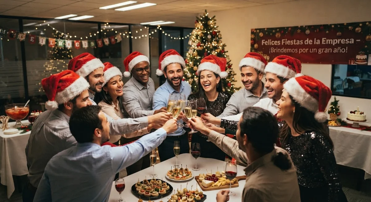 Compañeros de trabajo con gorros navideños brindando en un convivio de fin de año en la oficina